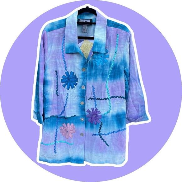 Indigo Moon Shirt Button Front Blue Ombré Purple Ribbon 2X NEW QVC - Picture 1 of 7